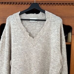 Wilfred Cream Distressed V-Neck Sweater